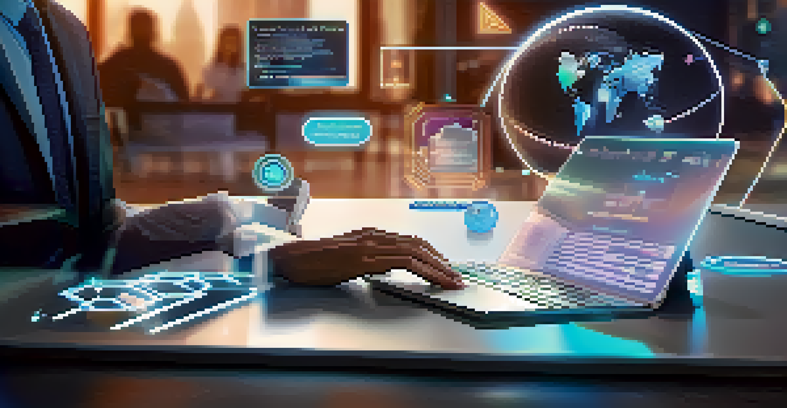 A digital tablet displaying a smart contract surrounded by holographic icons for security and payments in a futuristic office environment.