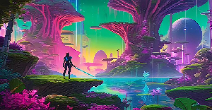 A futuristic gaming scene with a player character holding a glowing sword in a lush digital landscape with floating islands and neon lights.