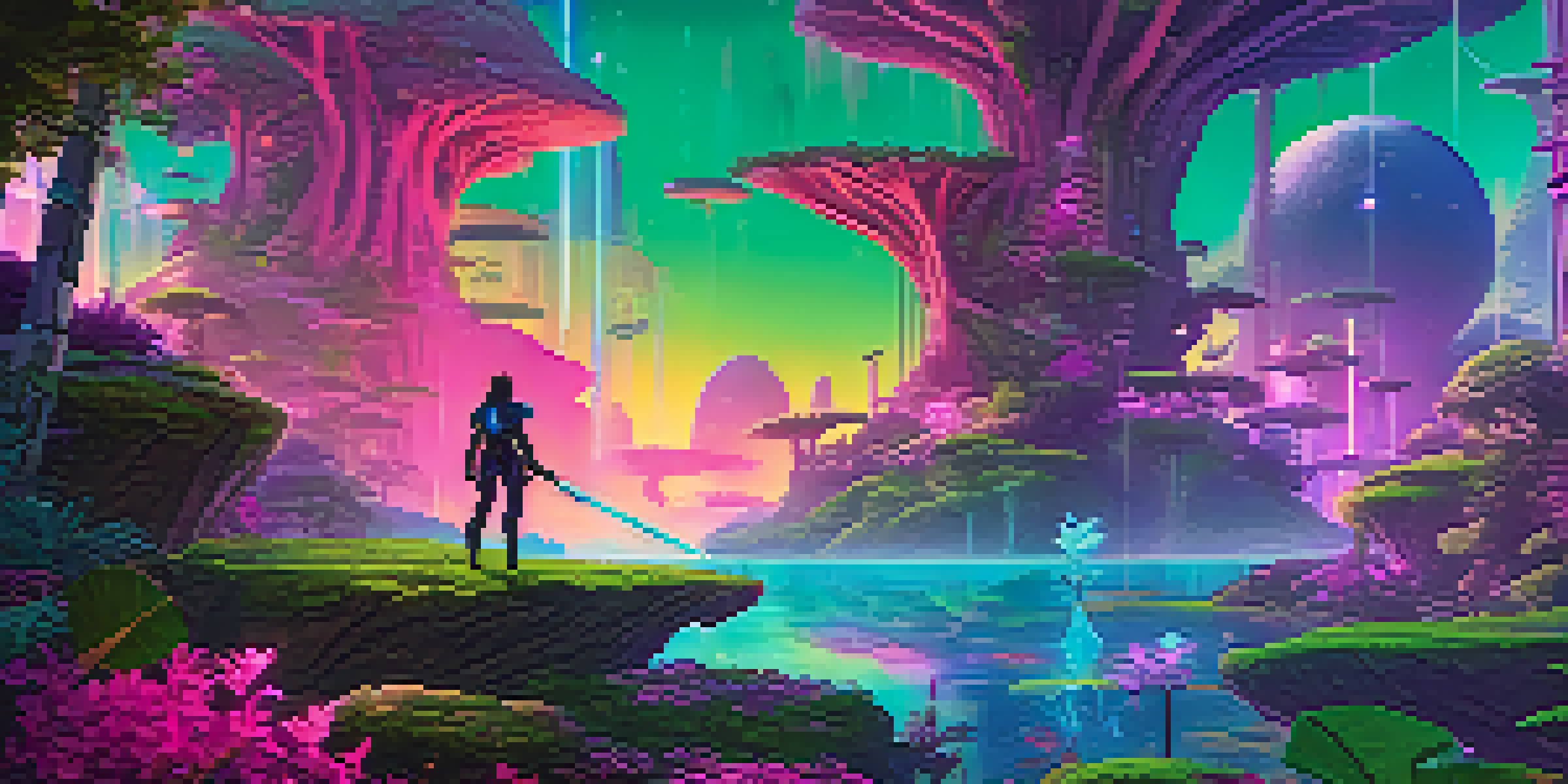 A futuristic gaming scene with a player character holding a glowing sword in a lush digital landscape with floating islands and neon lights.