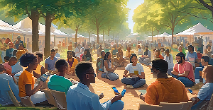 A diverse group of people gathered outdoors, attending a workshop on decentralized finance, surrounded by trees and colorful banners.