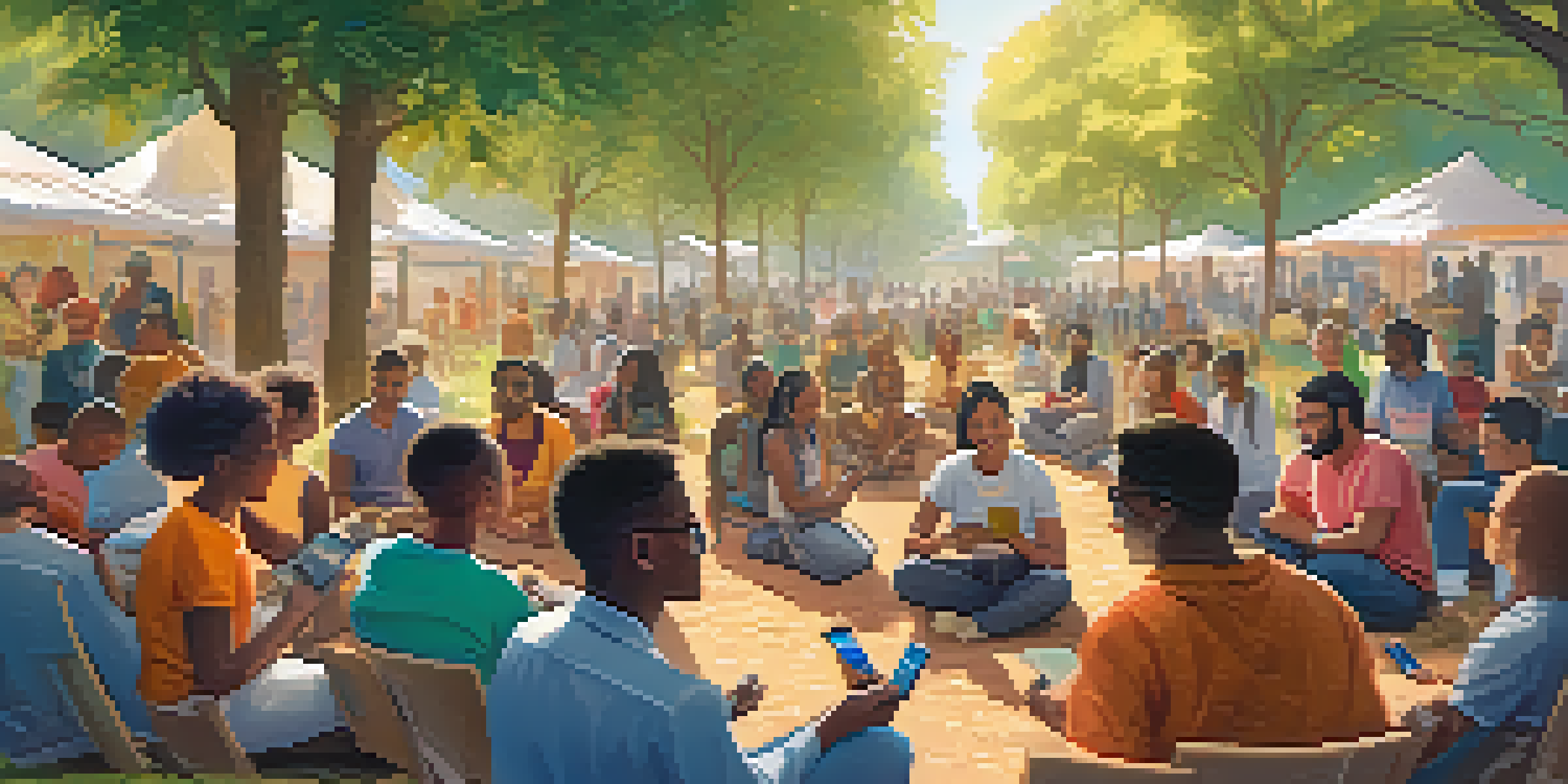 A diverse group of people gathered outdoors, attending a workshop on decentralized finance, surrounded by trees and colorful banners.
