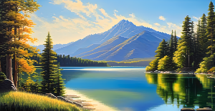 A peaceful lake in a green forest with mountains and a clear blue sky.