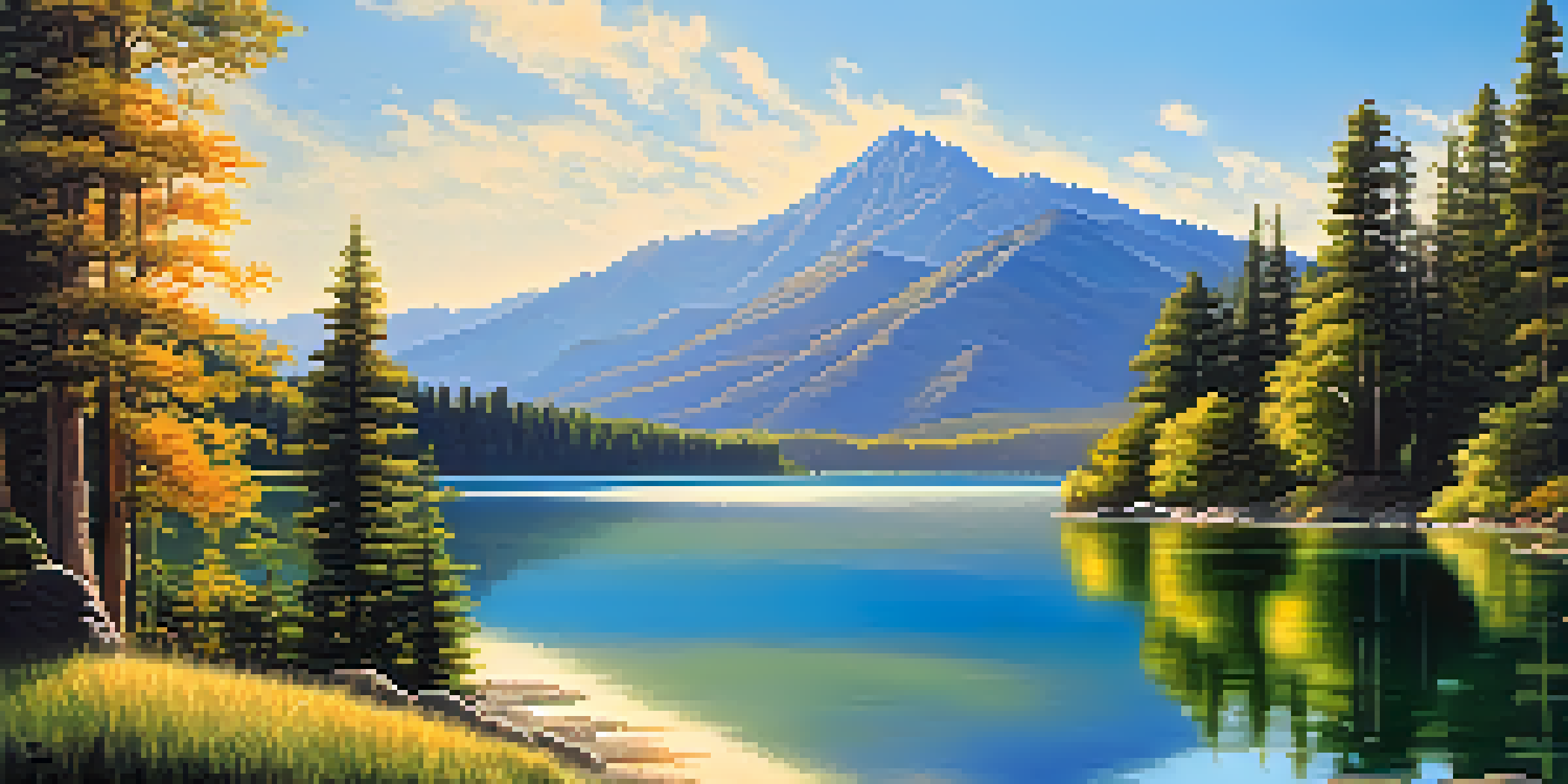 A peaceful lake in a green forest with mountains and a clear blue sky.