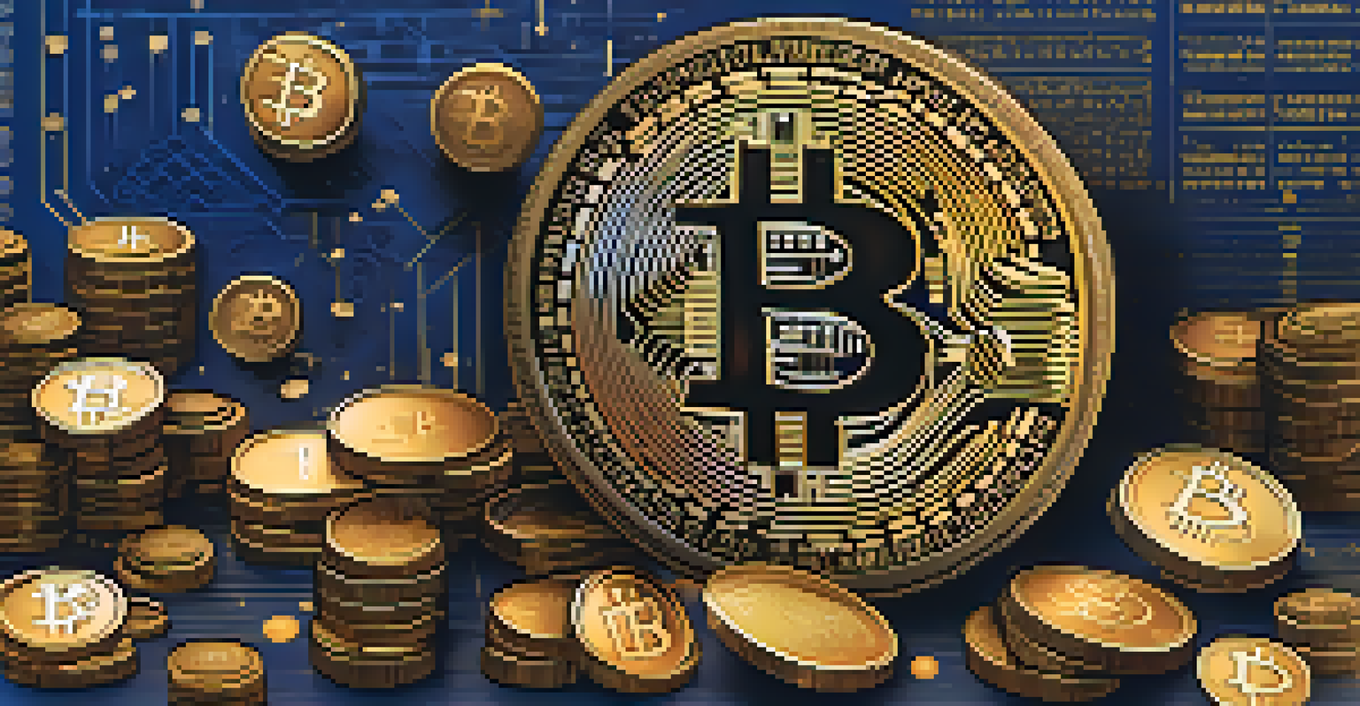 A golden Bitcoin coin surrounded by financial symbols like dollar bills and stock market graphs on a gradient blue and gold background.
