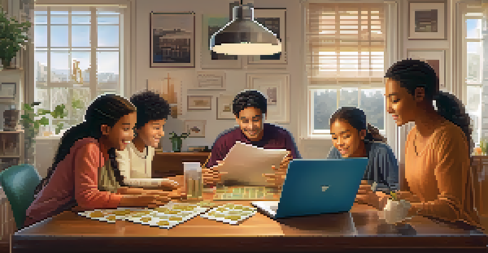 A family engaging in a discussion about financial literacy, with a laptop showing Bitcoin graphics and educational materials on the table.