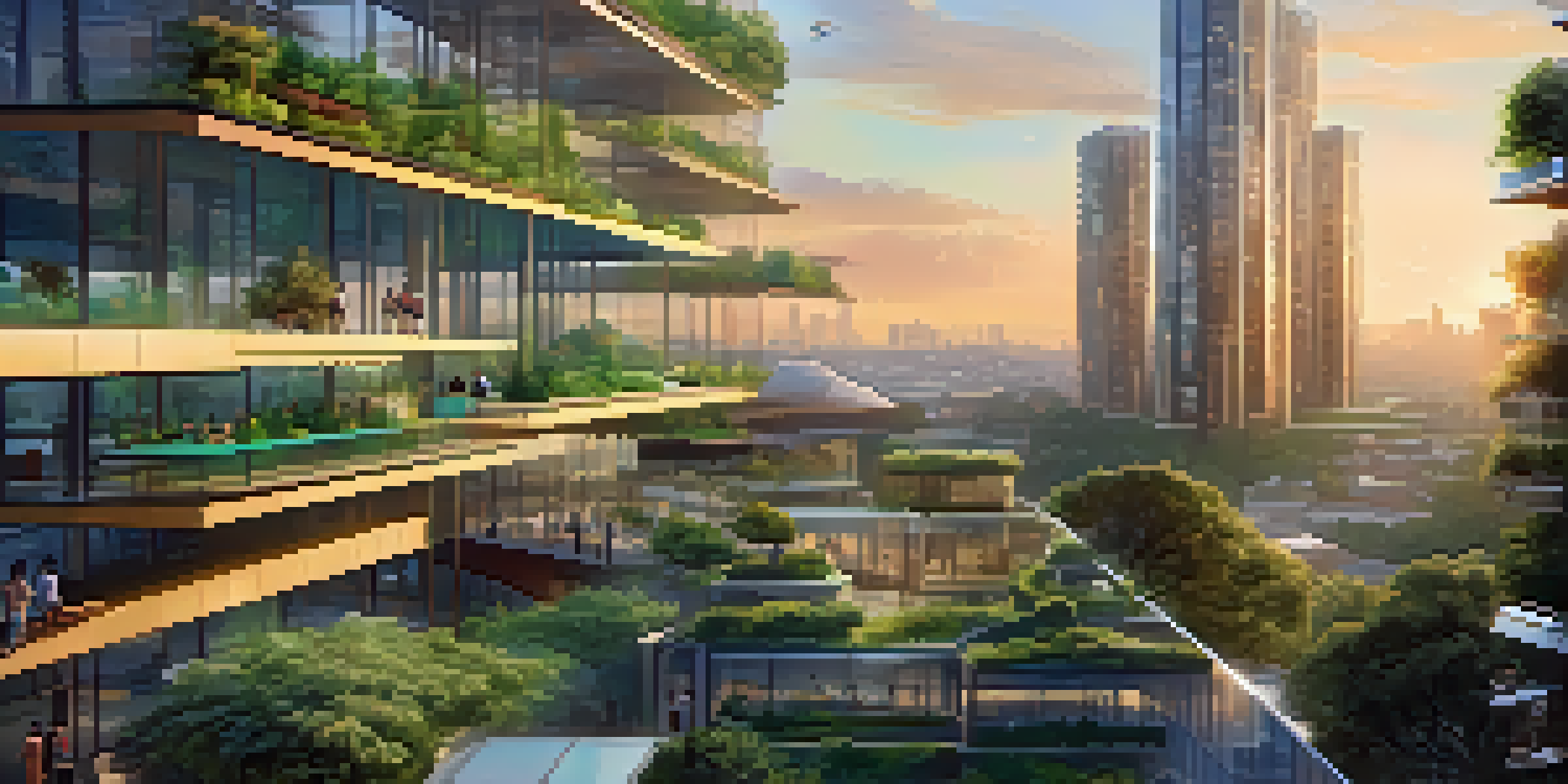 A futuristic city skyline at sunset with innovative architecture and green spaces, showcasing people engaging with technology.