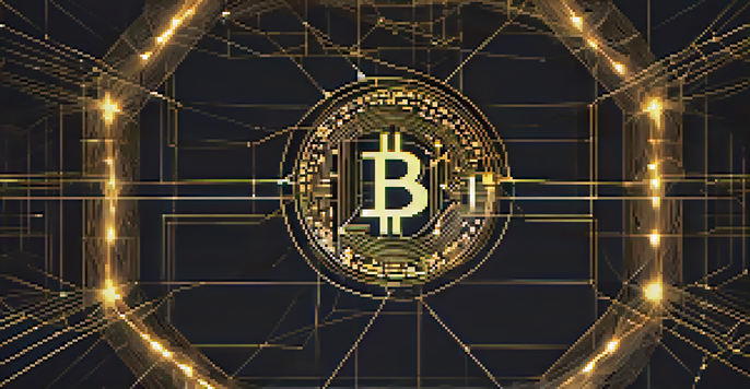 A visually intricate illustration of a decentralized Bitcoin network with glowing interconnected nodes against a dark background.