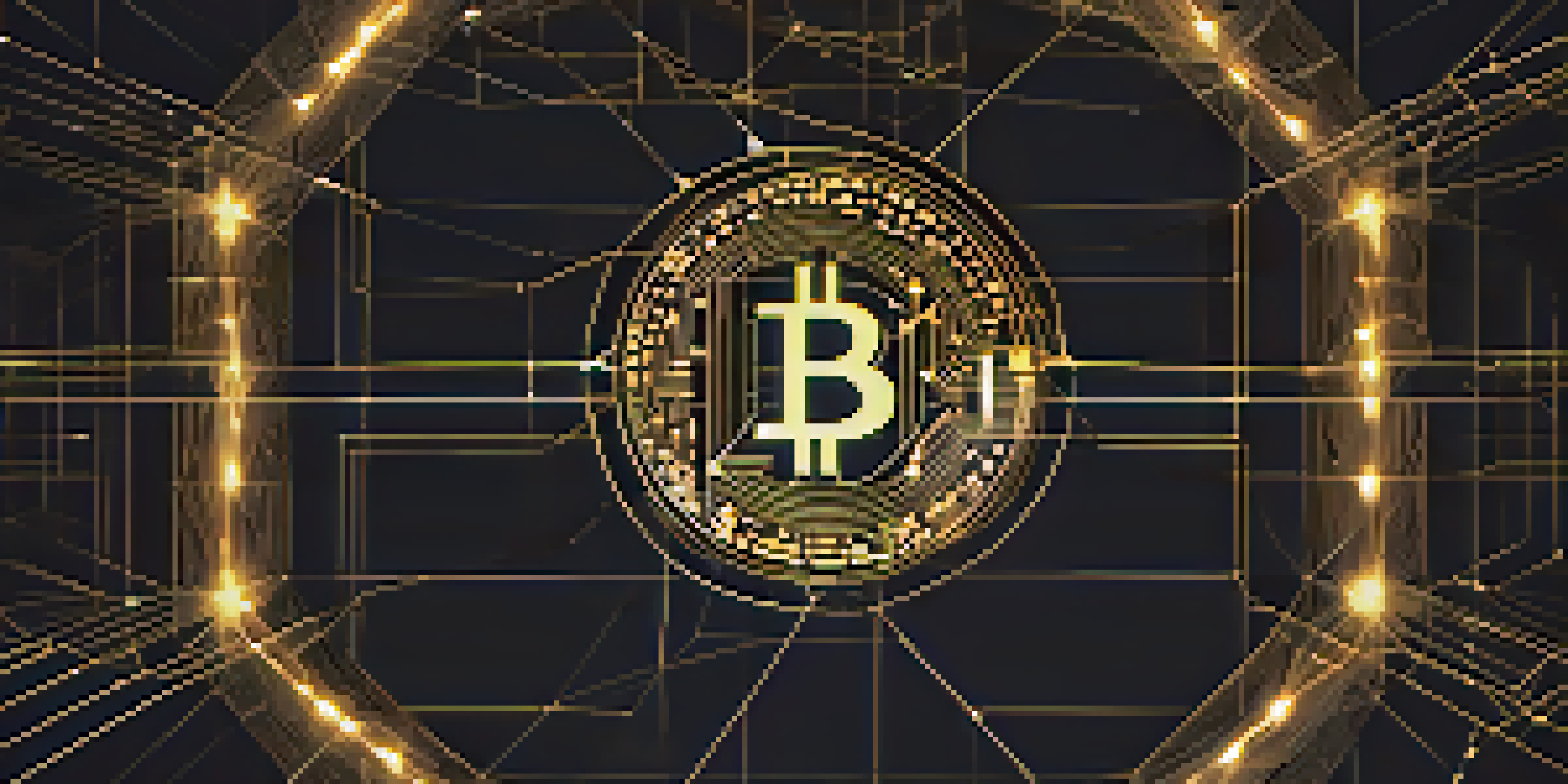 A visually intricate illustration of a decentralized Bitcoin network with glowing interconnected nodes against a dark background.