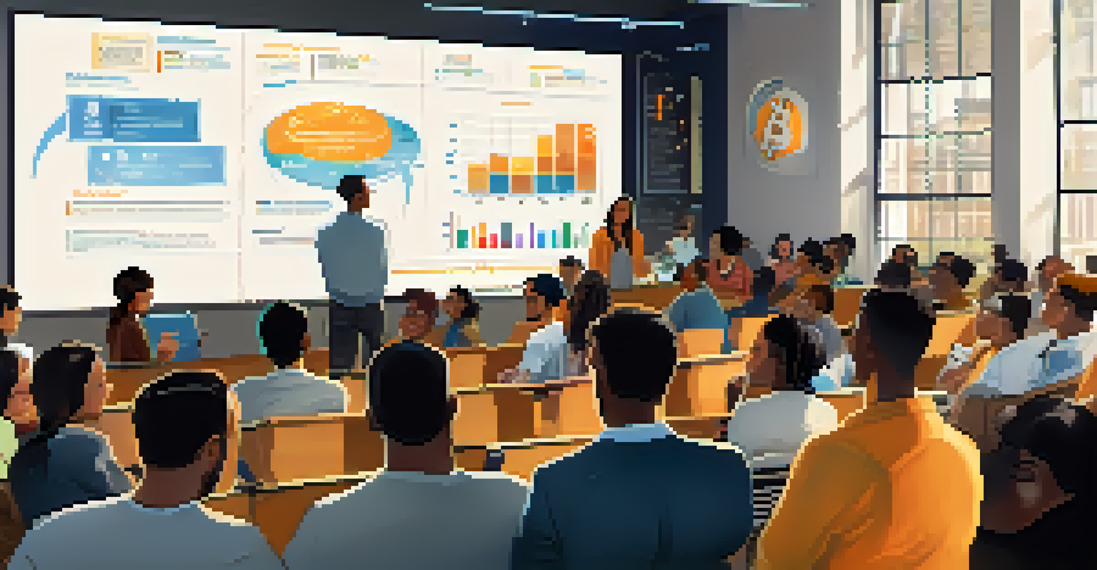 A diverse group of individuals in an educational workshop, listening to a speaker with a screen displaying Bitcoin concepts and financial literacy.