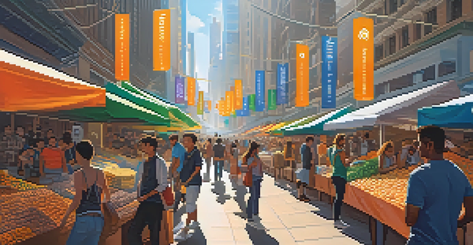 A lively market street filled with cryptocurrency-themed stalls and people discussing digital currencies under bright sunlight.