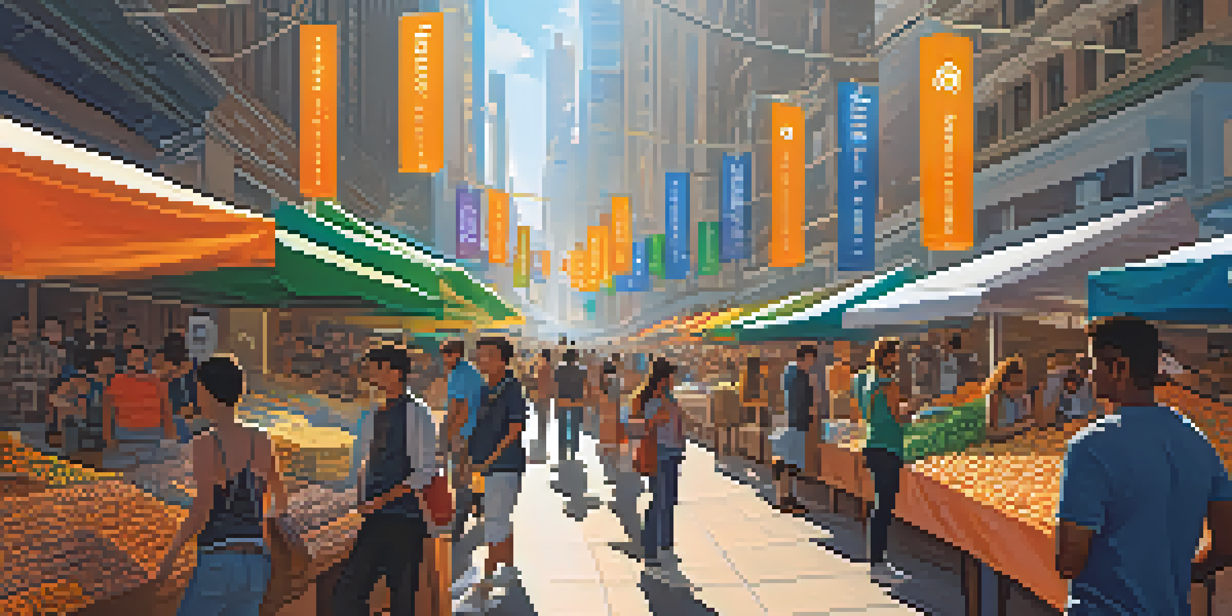 A lively market street filled with cryptocurrency-themed stalls and people discussing digital currencies under bright sunlight.