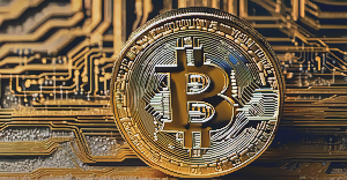 A close-up of a shiny gold Bitcoin symbol on a textured wooden surface with soft lighting.