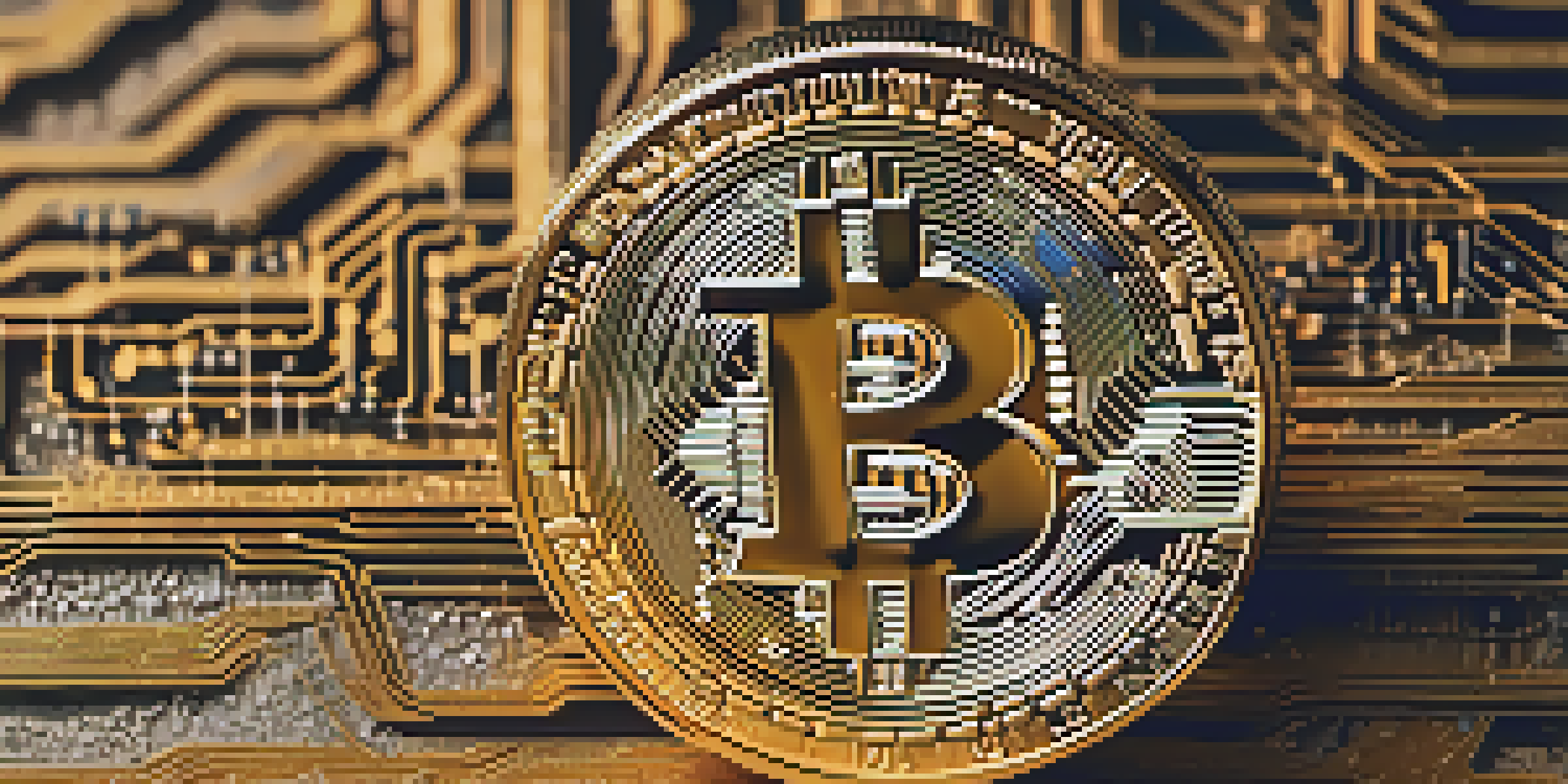A close-up of a shiny gold Bitcoin symbol on a textured wooden surface with soft lighting.