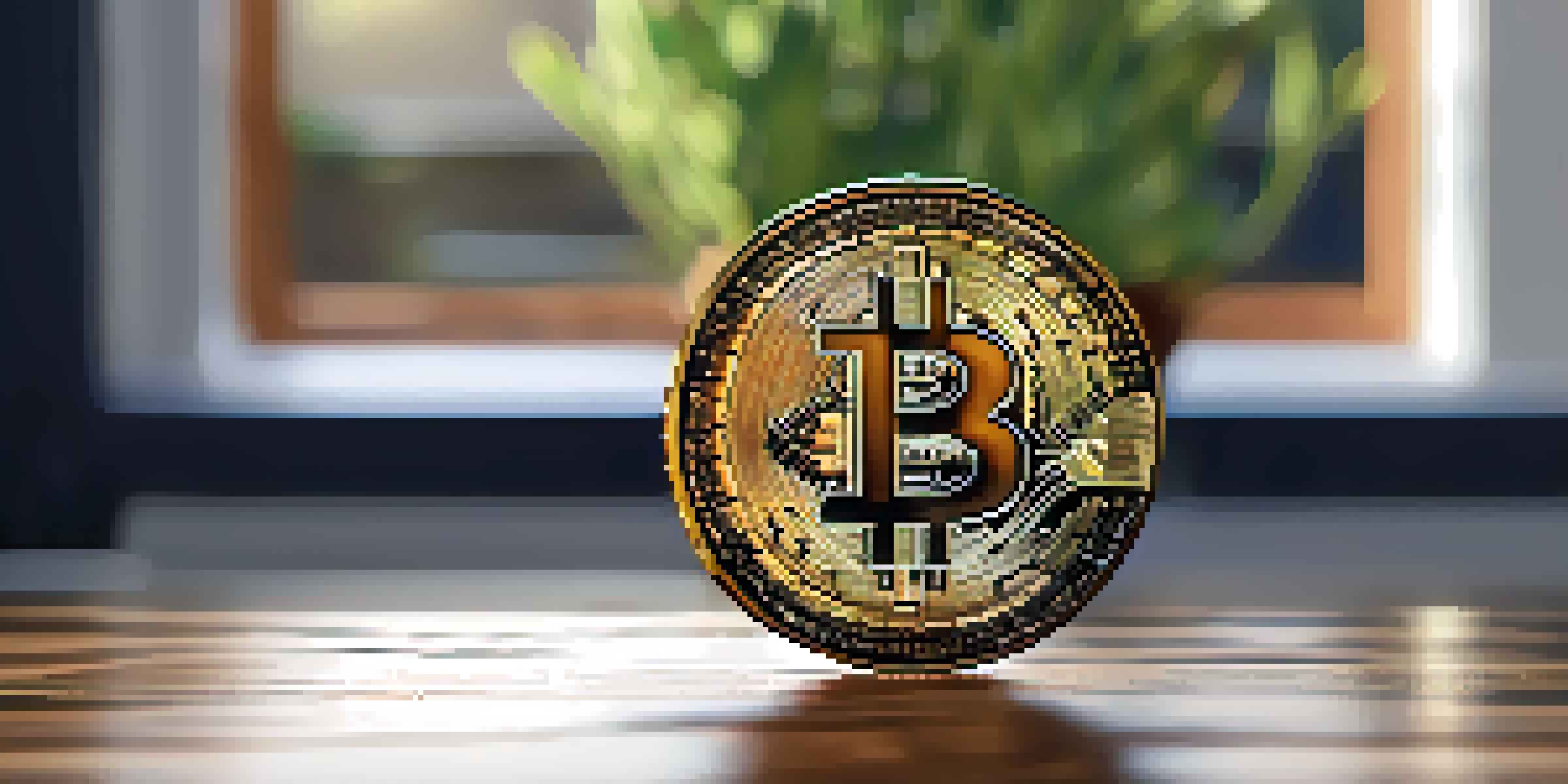 A close-up image of a Bitcoin coin on a wooden table, illuminated by natural light, with a blurred background of greenery.