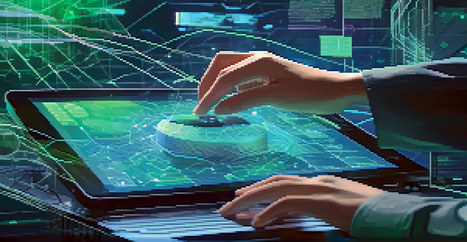 A visualization of a blockchain transaction with a hand interacting with a holographic display and animated graphs.