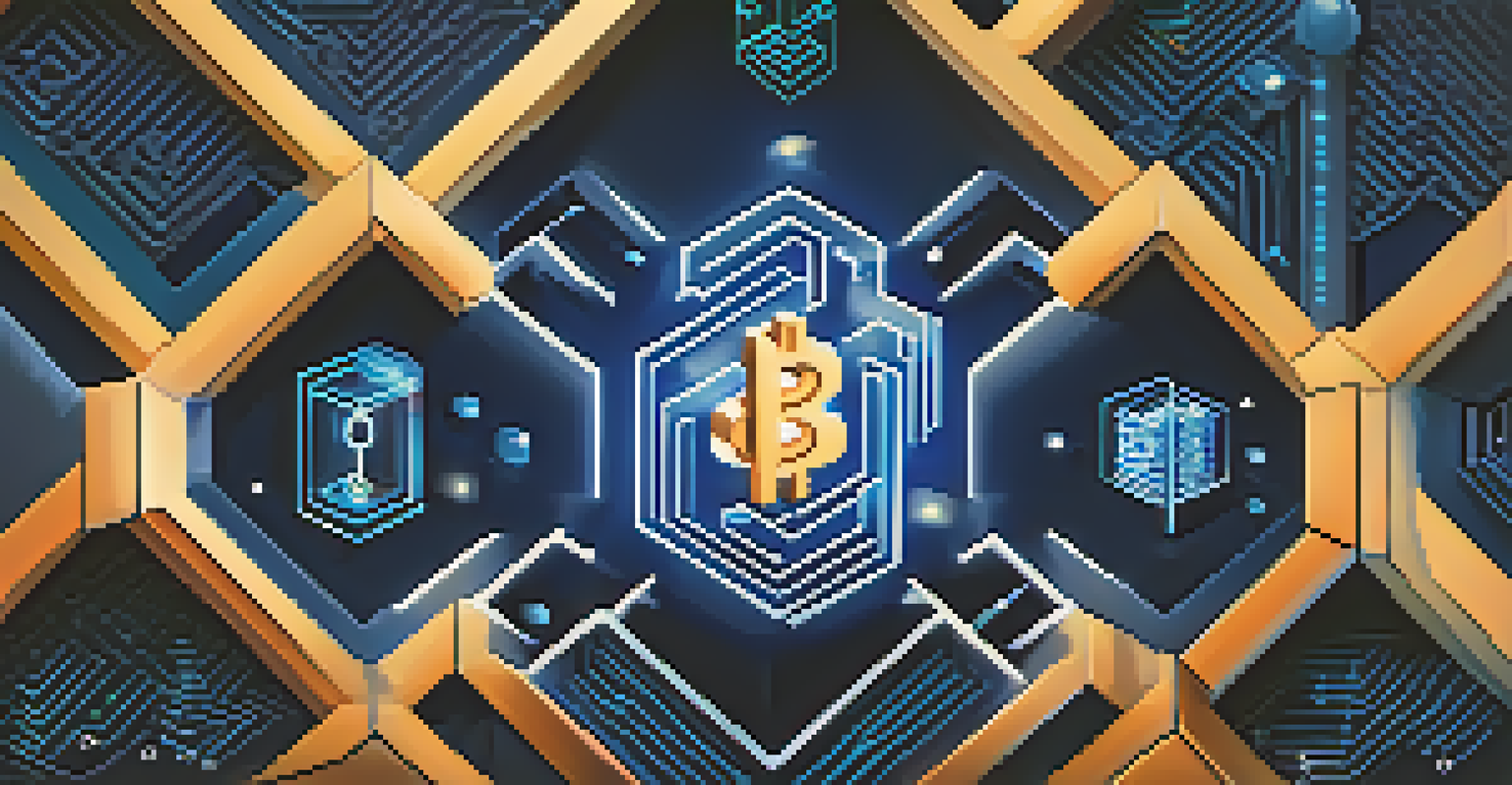 An illustration of a blockchain network with interconnected blocks glowing in a dark space.