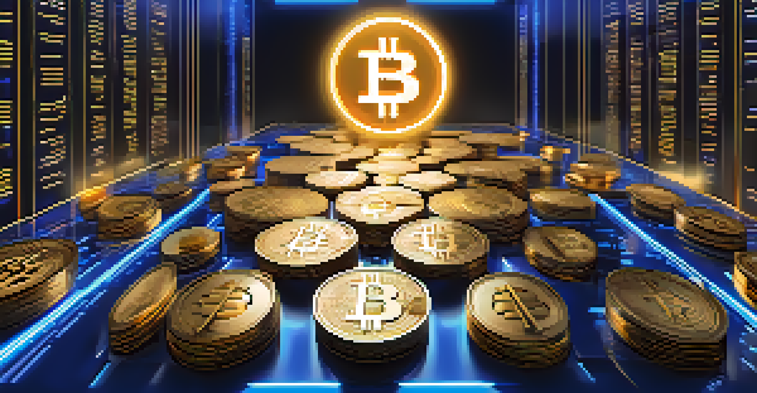 A digital wallet interface showing Bitcoin-backed stablecoins with a futuristic blockchain backdrop.