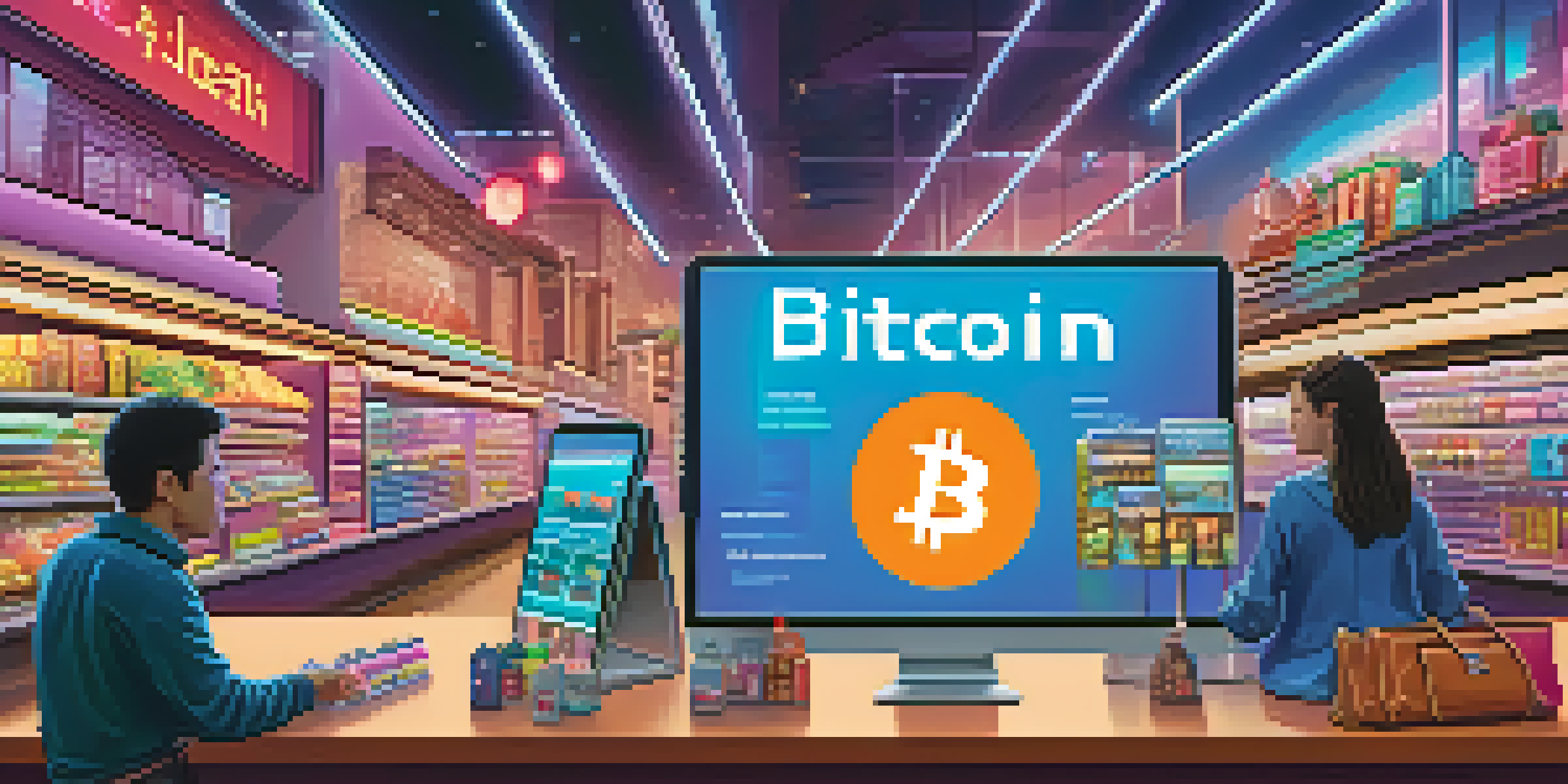 A futuristic e-commerce scene with shoppers using Bitcoin on devices, featuring a vibrant online marketplace and a smartphone displaying a Bitcoin payment option.