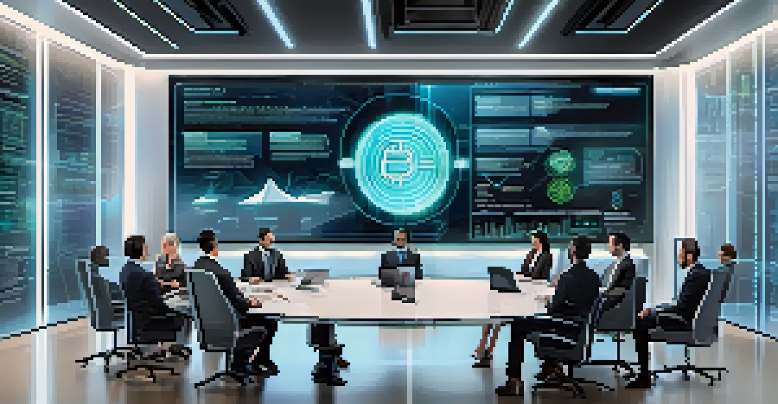A modern business meeting room with professionals discussing multisignature transactions, with a digital screen displaying smart contracts.