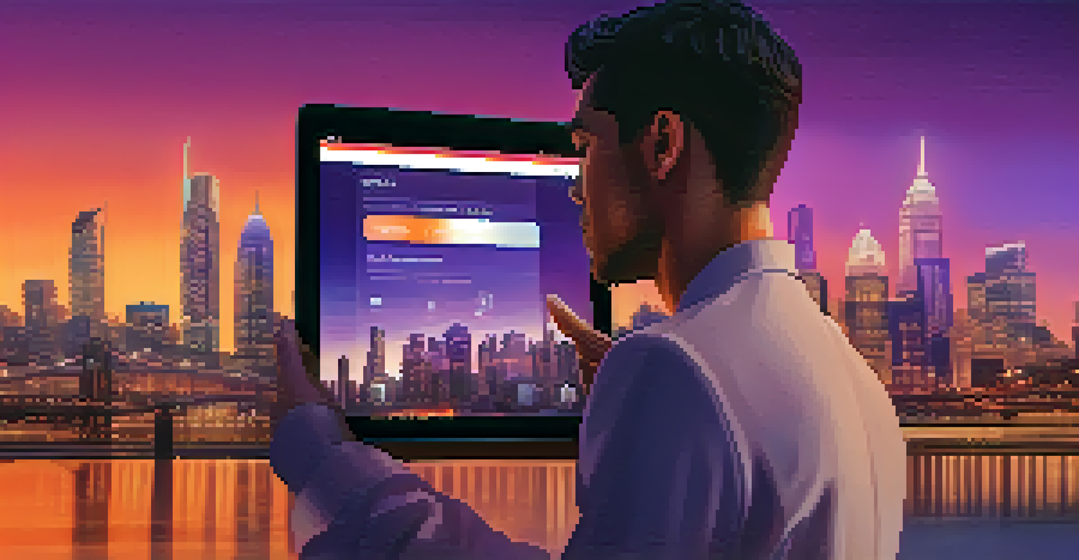 A person using a tablet with a holographic identity display, set against a city skyline at sunset.