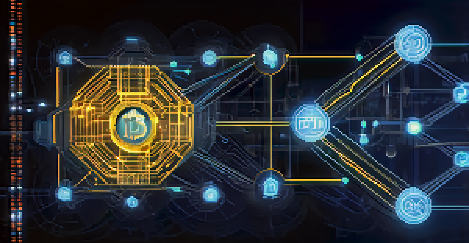 An abstract image of a smart contract on a blockchain with a digital ledger and glowing interconnected nodes.