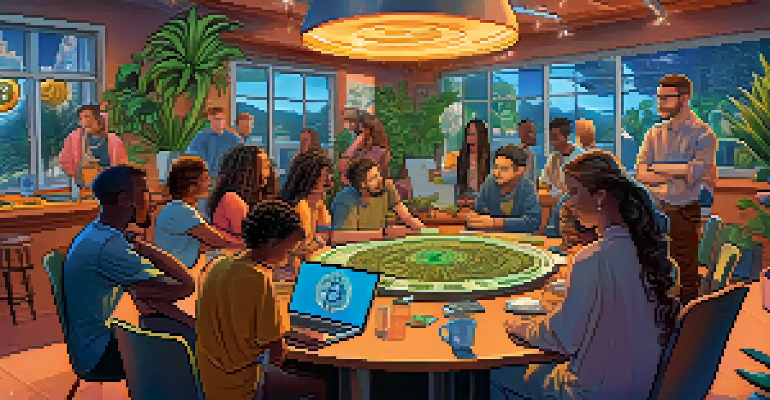 A diverse group of people discussing Bitcoin around a round table in a bright, welcoming environment.
