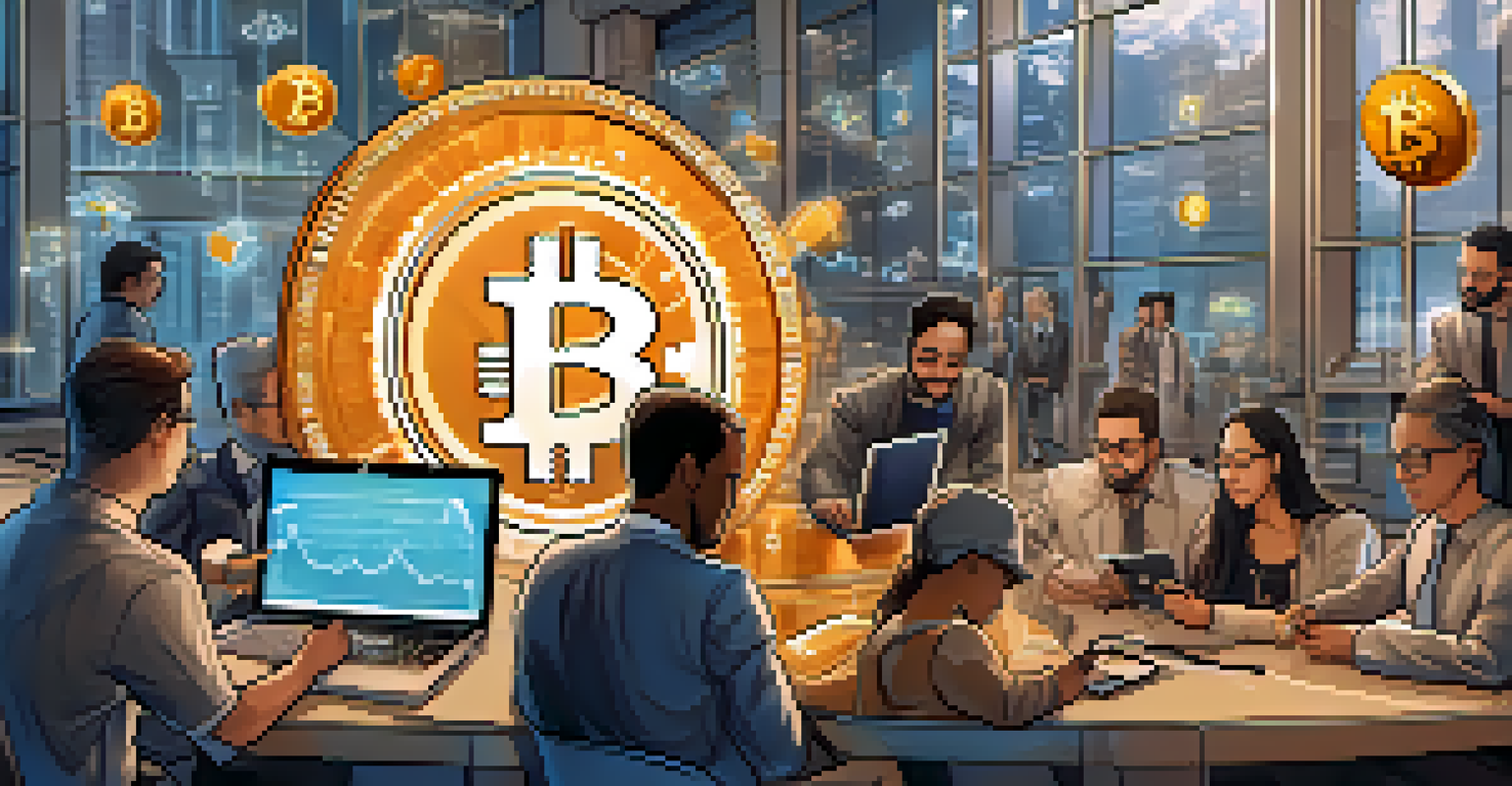 A diverse group discussing Bitcoin and smart contracts with industry icons in the background.