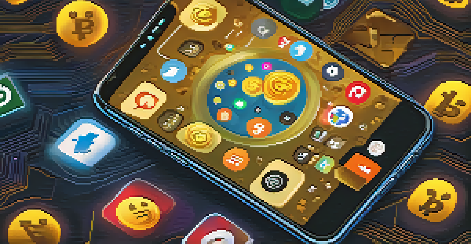 A close-up of a hand holding a smartphone with Bitcoin posts on the screen in a dimly lit room.