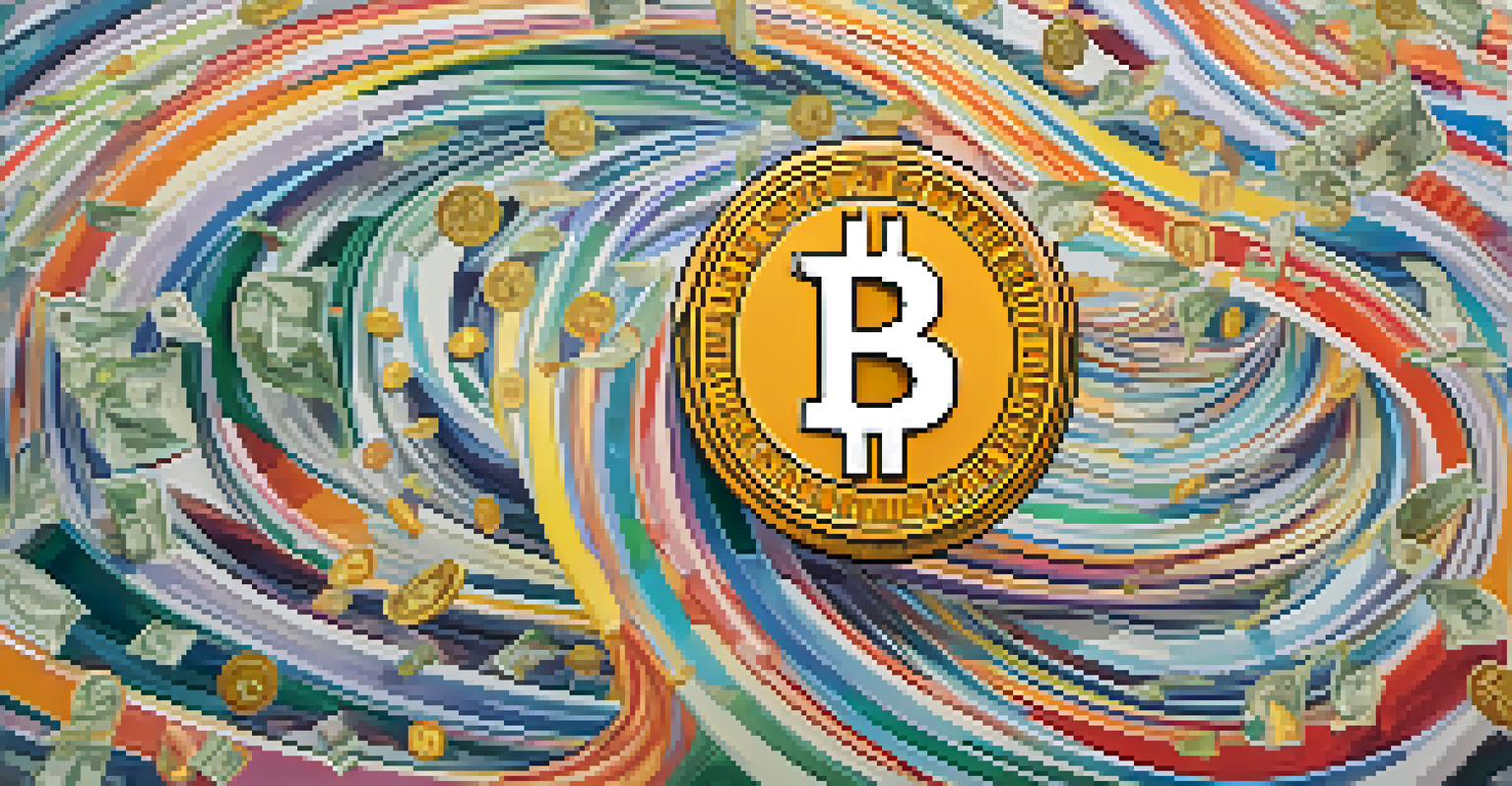 An abstract image showing dollar bills transforming into Bitcoin symbols against a colorful background representing economic changes.