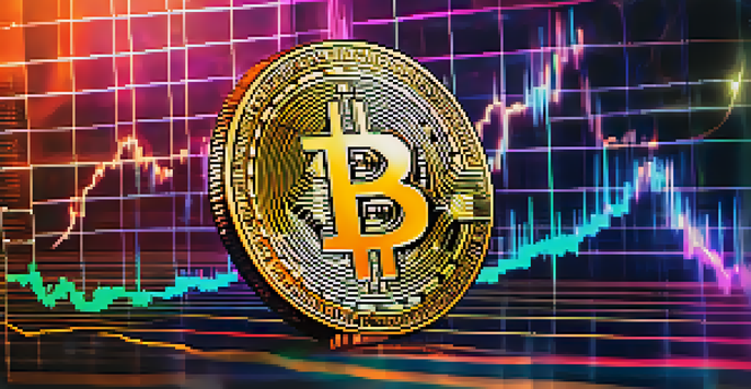 A golden Bitcoin coin on a colorful stock market graph with rising and falling lines, illuminated by warm light.