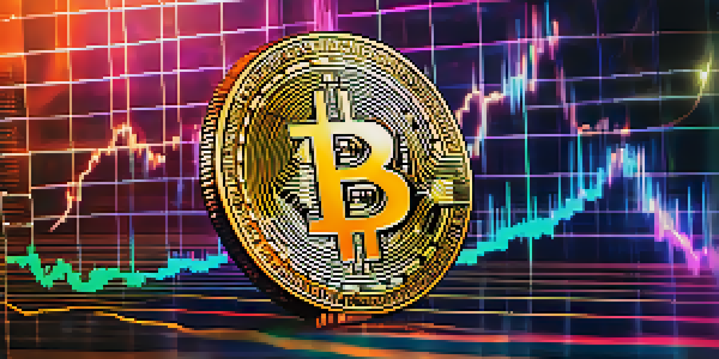 A golden Bitcoin coin on a colorful stock market graph with rising and falling lines, illuminated by warm light.