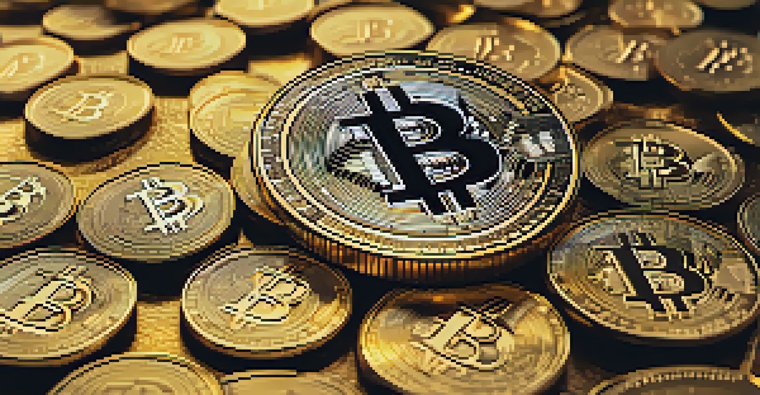 A close-up of a Bitcoin coin on top of gold coins, with a digital background representing blockchain technology.