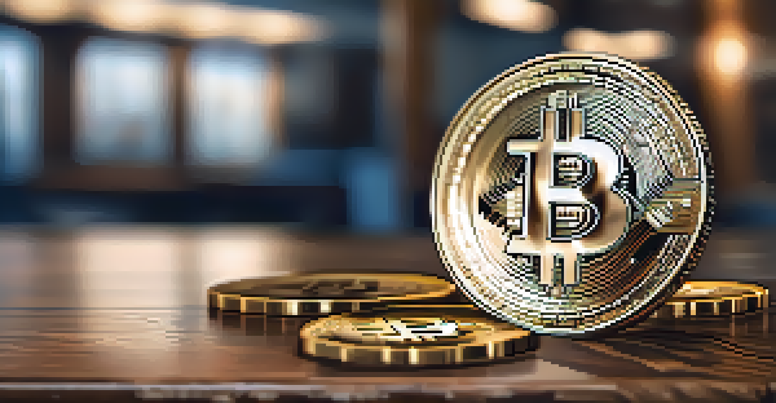 A close-up of a Bitcoin coin on a wooden table with blurred digital art in the background, illuminated by soft natural light.