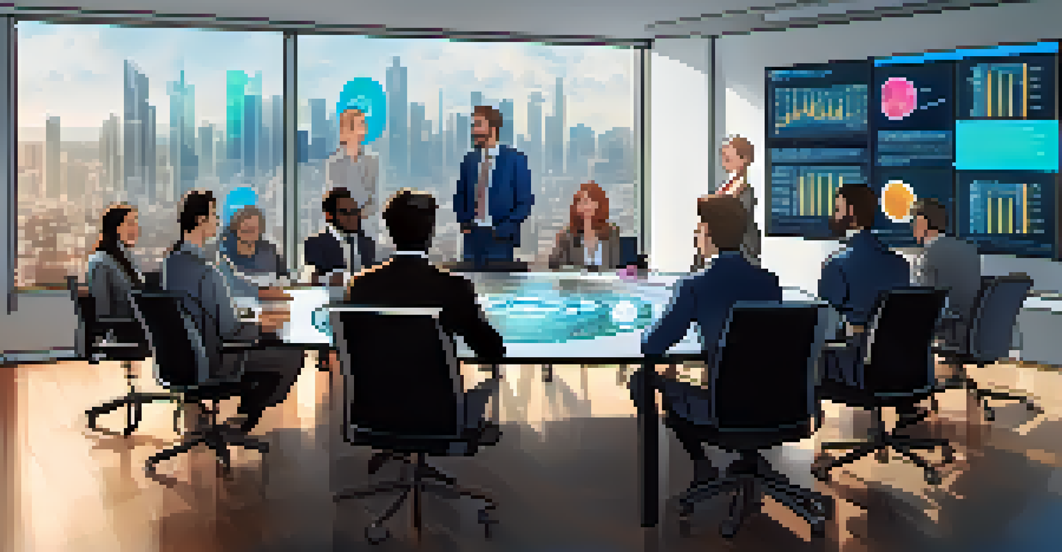 A diverse group of professionals discussing cryptocurrency management at a conference table, with charts projected on a screen.