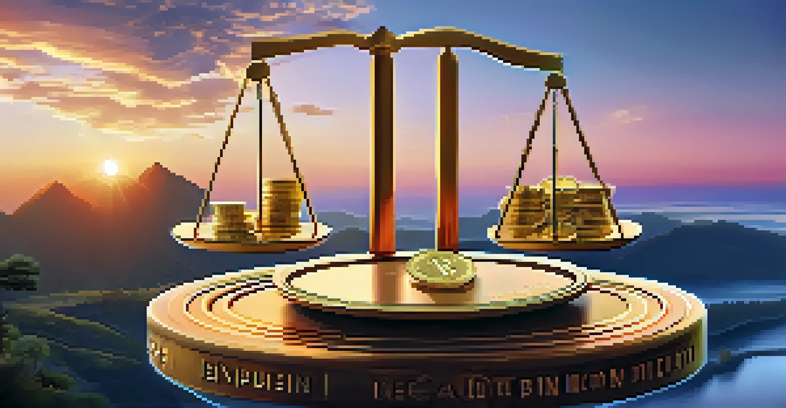 A balance scale with Bitcoin on one side and DeFi symbols on the other, set against a gradient sunset background, illustrating the evolving finance landscape.