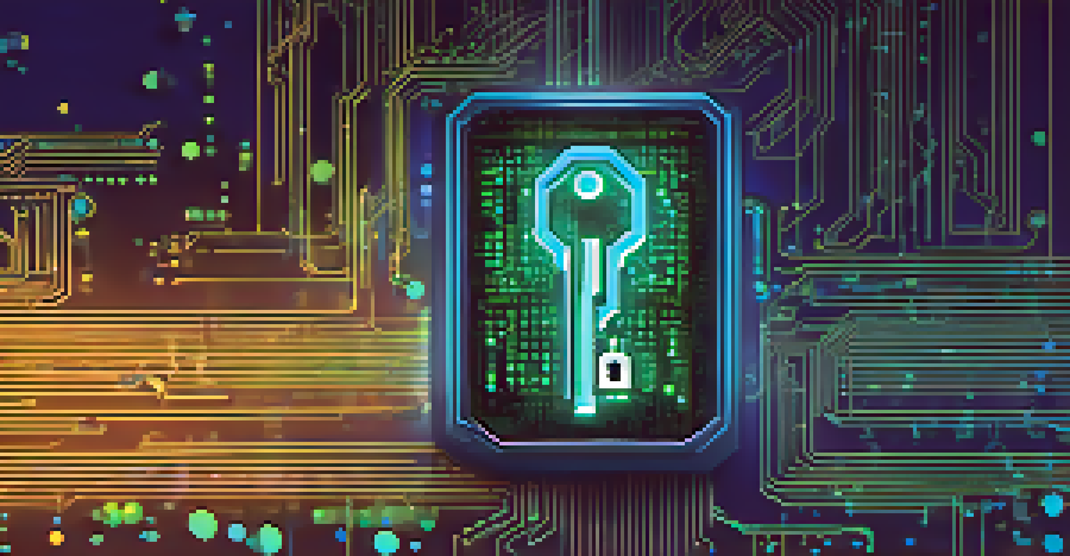 A glowing key floating above a digital lock, with circuit patterns in the background representing advanced cryptography.