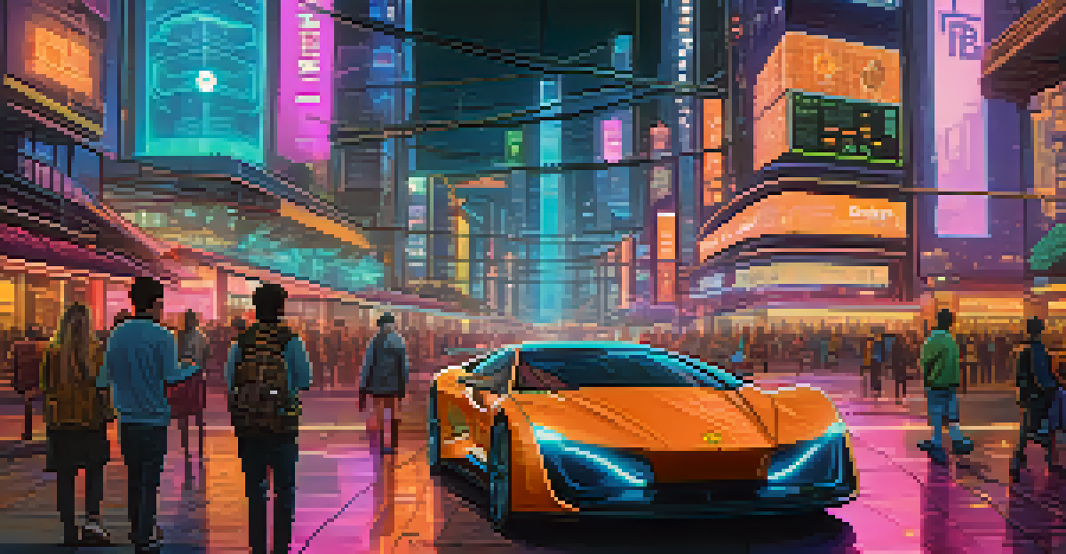 A futuristic cityscape at night with neon lights and Bitcoin holograms, showcasing a digital future.