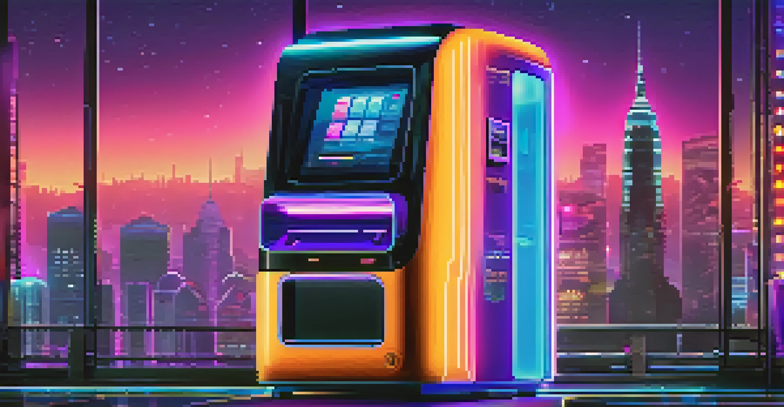 A digital vending machine representing smart contracts, surrounded by a vibrant cityscape with neon lights.