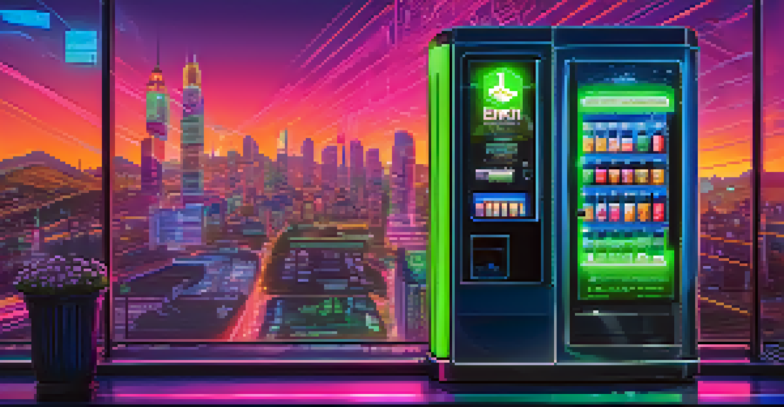 A digital vending machine representing smart contracts, dispensing a product in a futuristic city environment.