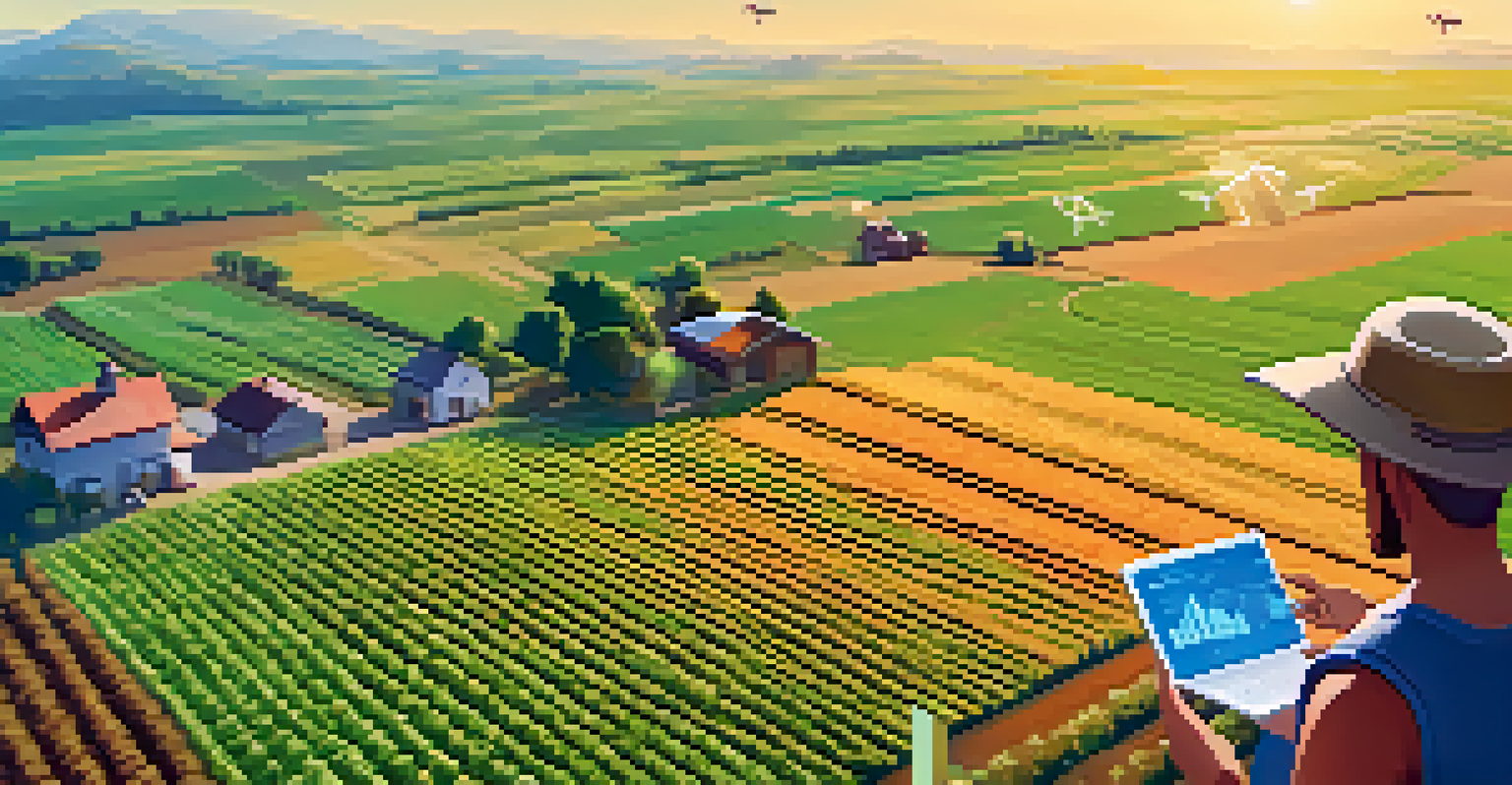Aerial view of an agricultural landscape showcasing IoT sensors and drones, with a farmer using a tablet displaying Bitcoin transaction notifications.