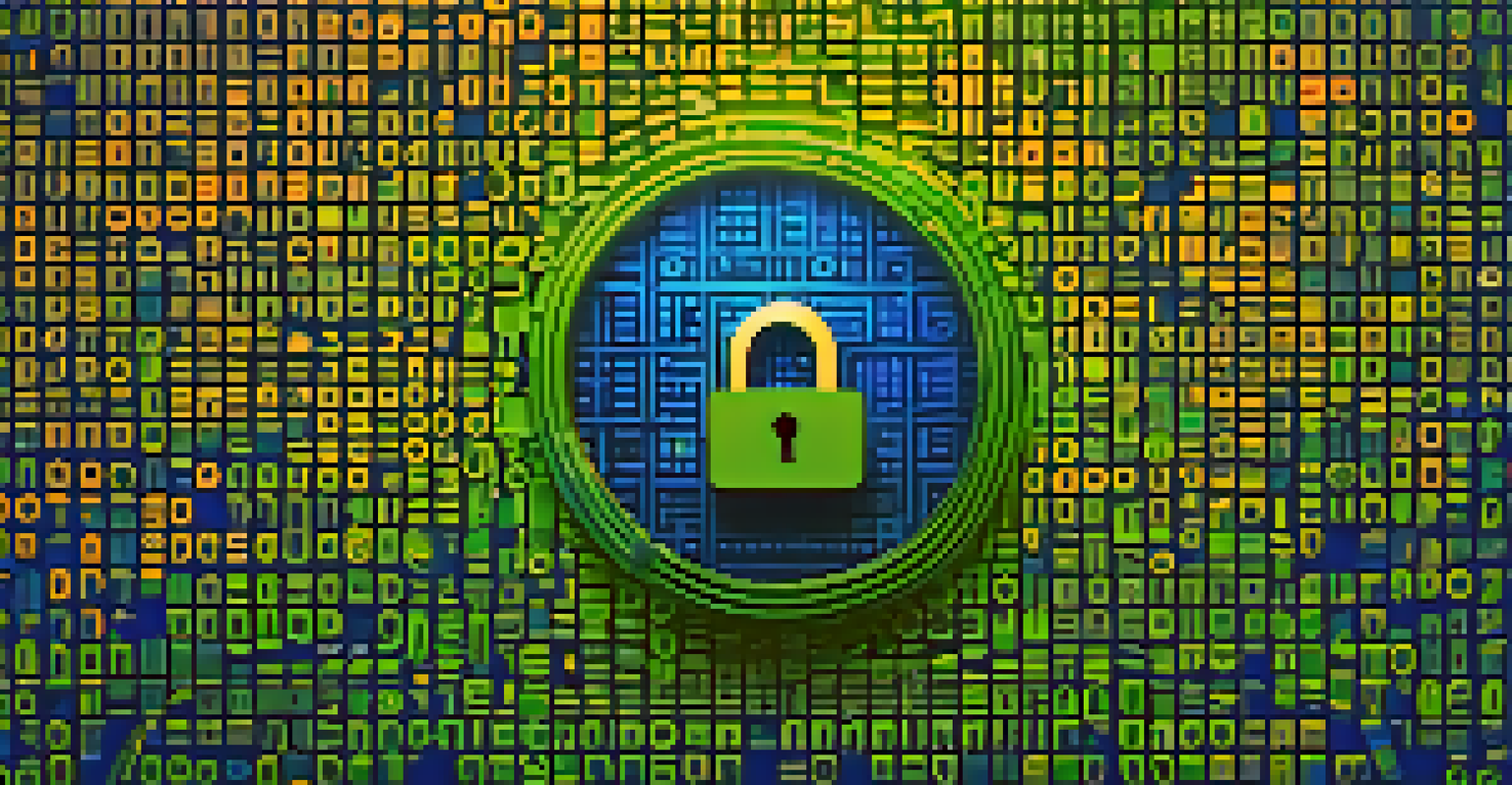 An artistic digital lock made of binary code with floating Bitcoin symbols in a gradient background of blue and green, representing encryption and security.