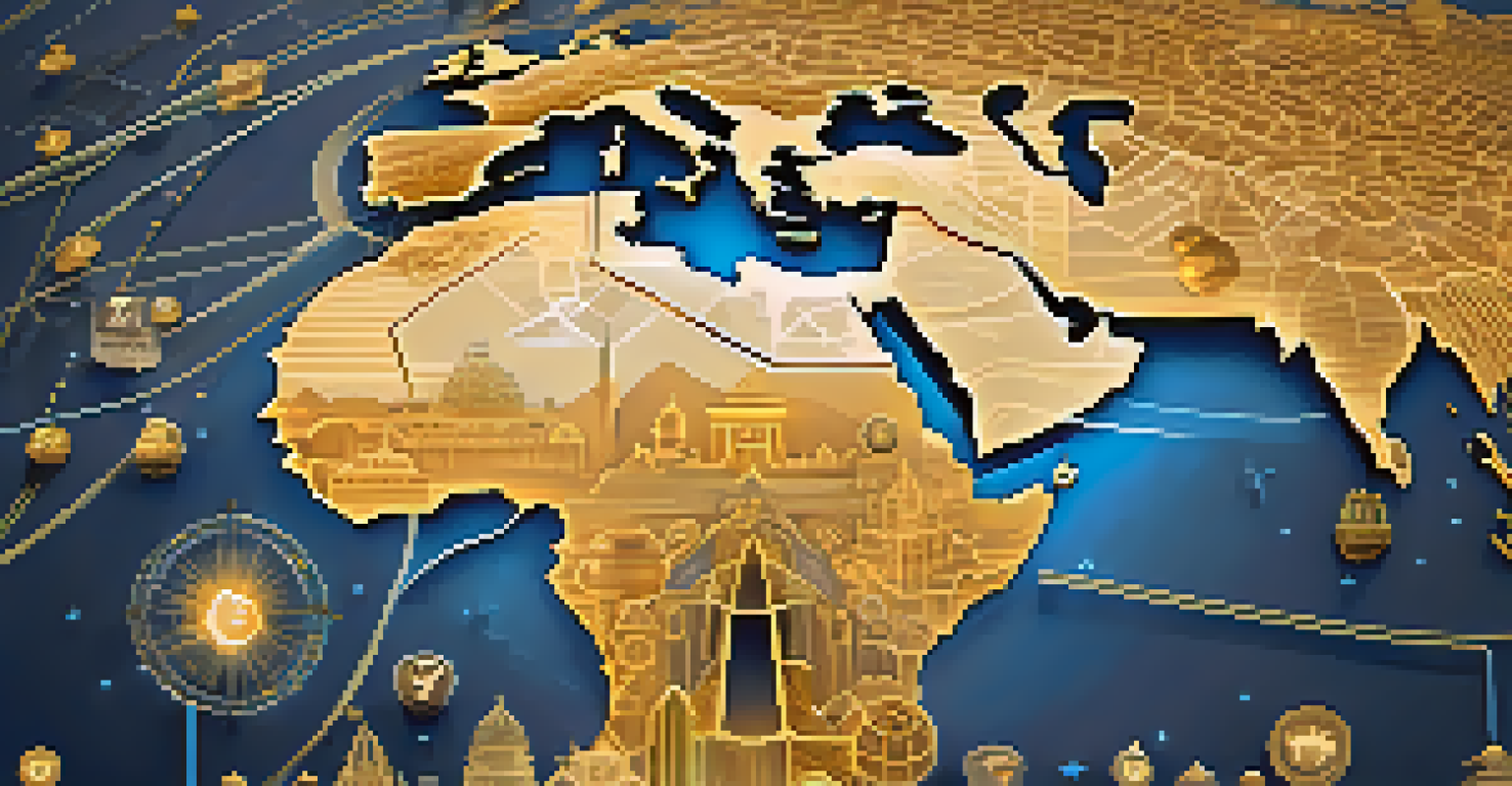 A global map connected by Bitcoin transaction lines and landmarks, with Bitcoin logos.