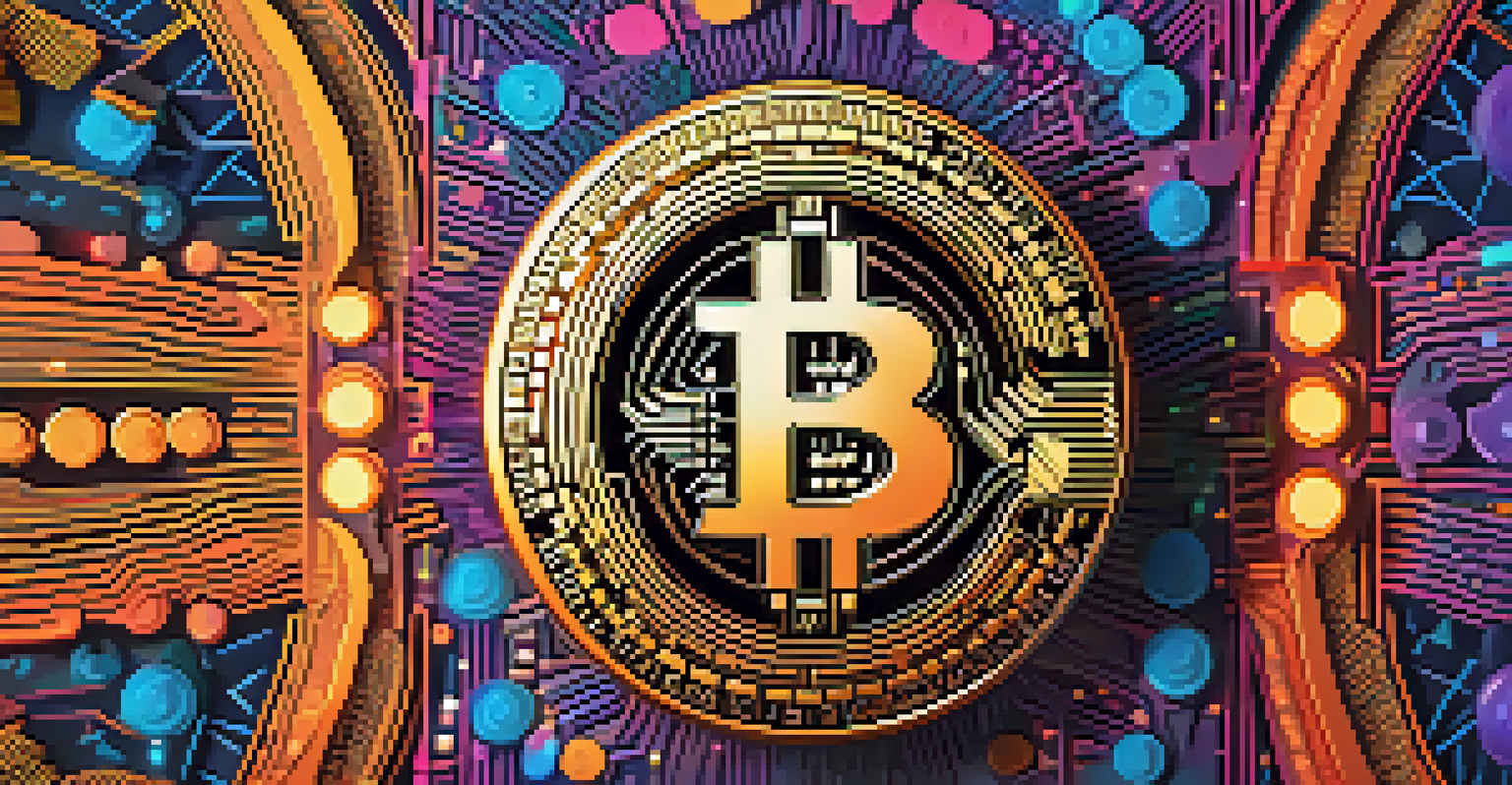 A Bitcoin coin in the center surrounded by colorful NFTs showcasing unique digital art, highlighted by a bright spotlight.