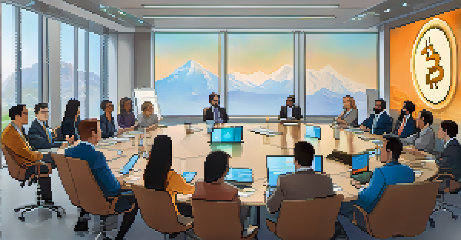 Diverse group of policymakers and environmental advocates discussing Bitcoin mining regulations in a modern conference room filled with natural light.