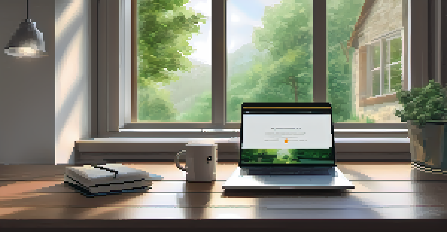 A cozy workspace with a laptop displaying a Bitcoin wallet app, a cup of coffee, and a notepad, with greenery visible through the window.
