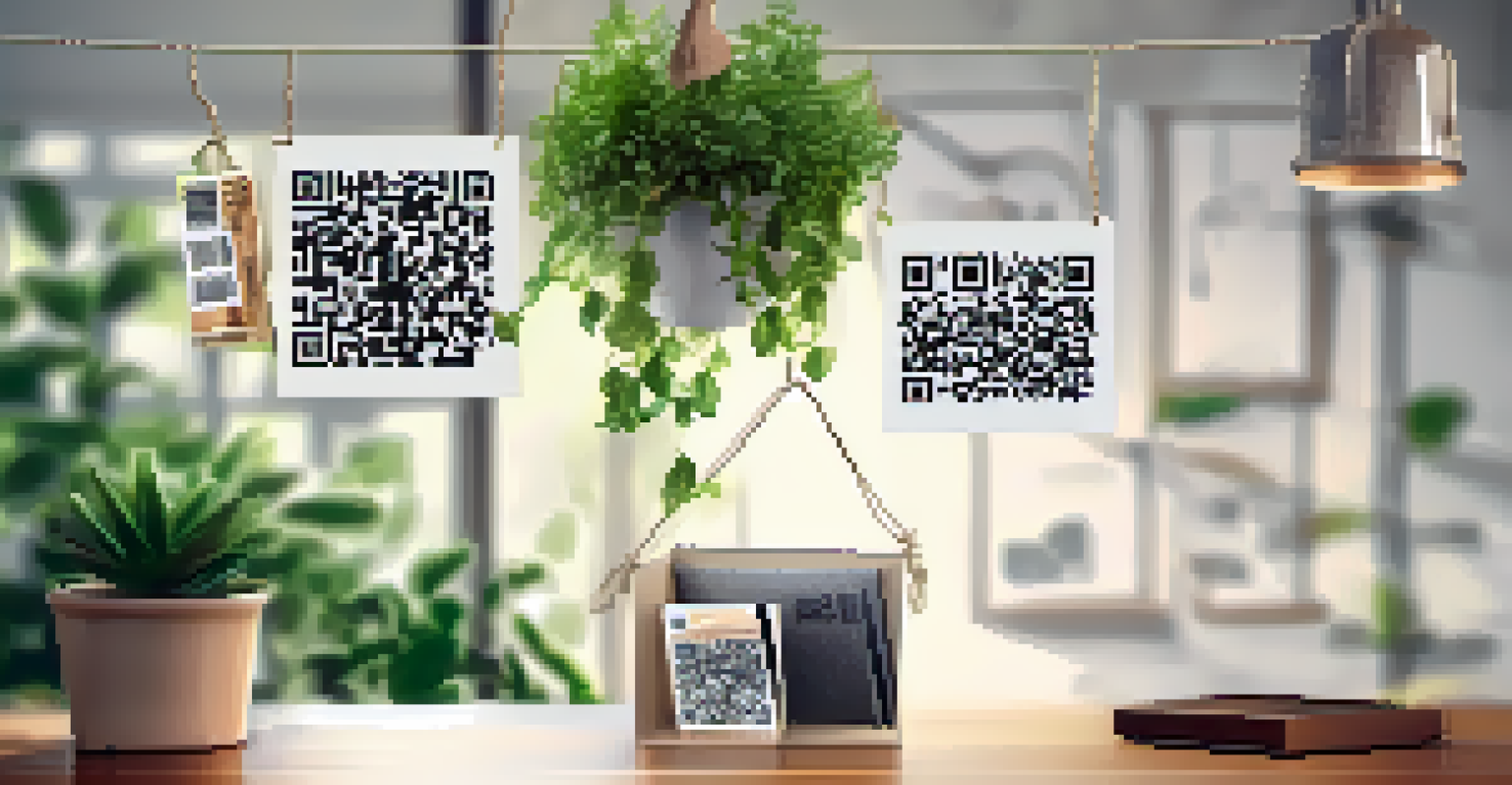 A paper wallet printed with QR codes and keys hanging from a string in a softly lit room with plants in the background.