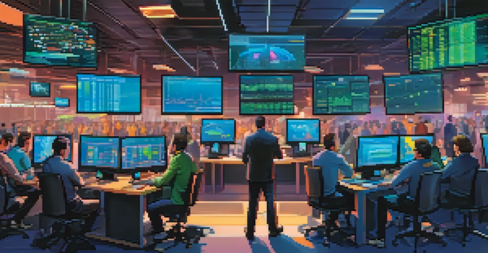 A busy cryptocurrency trading floor with traders reacting to Bitcoin price changes on multiple screens, illuminated by colorful LED lights.