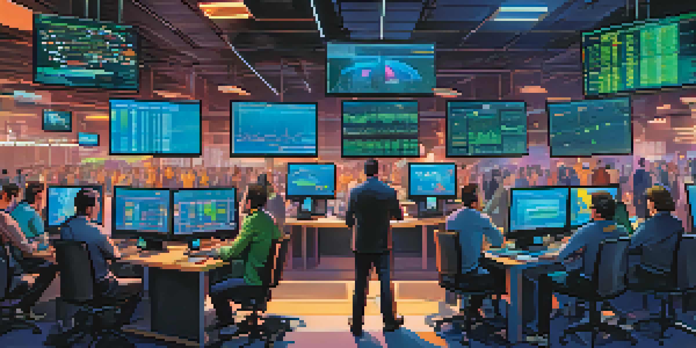 A busy cryptocurrency trading floor with traders reacting to Bitcoin price changes on multiple screens, illuminated by colorful LED lights.