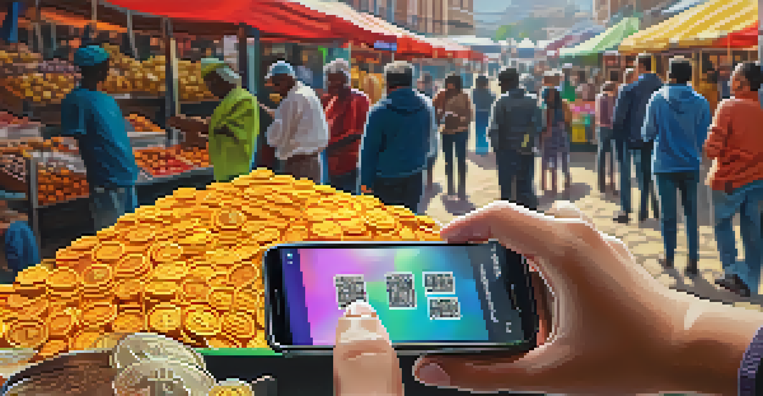 Close-up of hands using a smartphone app to exchange Bitcoin in a lively local market setting.