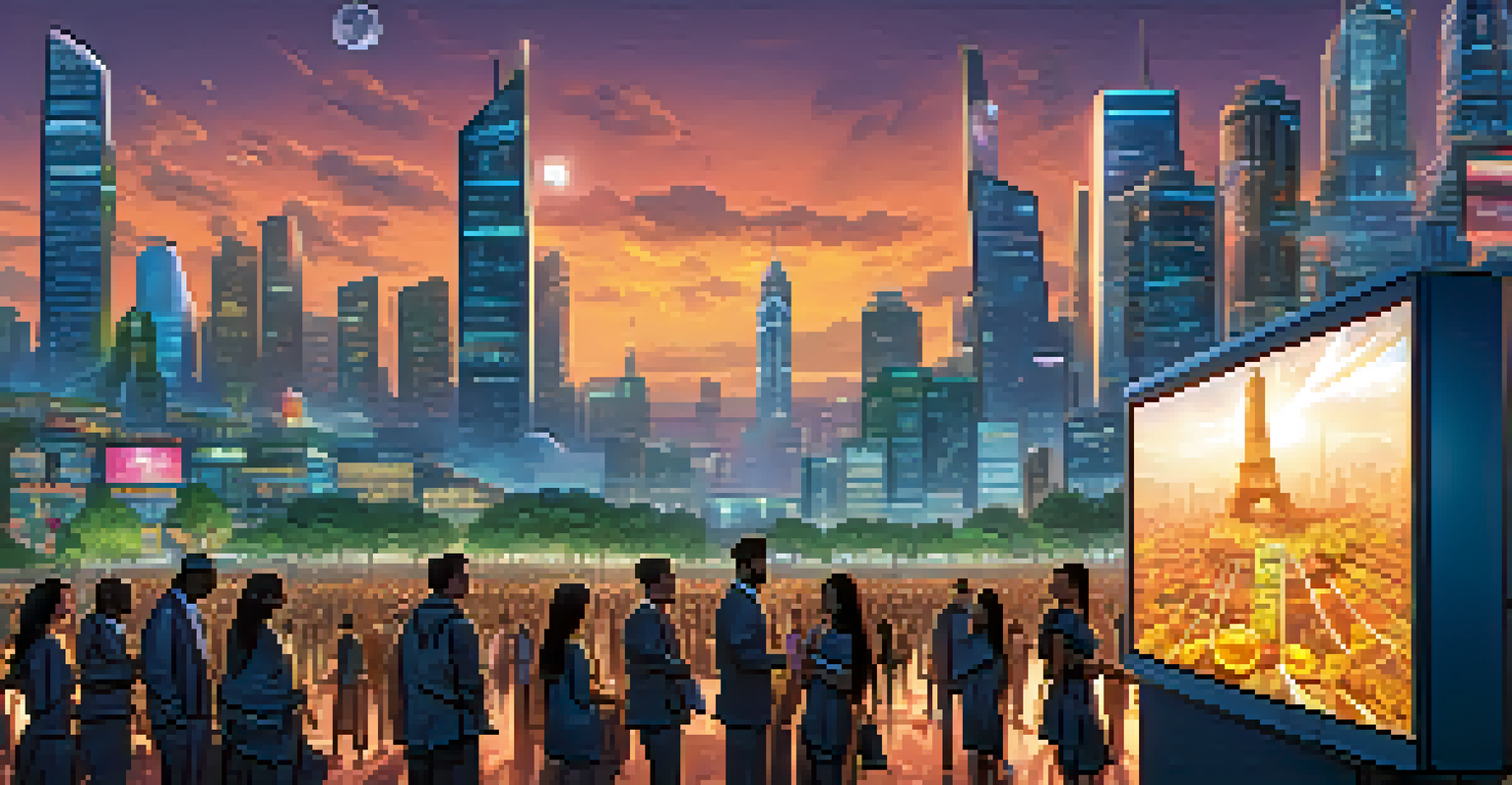 A futuristic city skyline at dusk with digital Bitcoin billboards, and a diverse group of people looking up with expressions of hope.